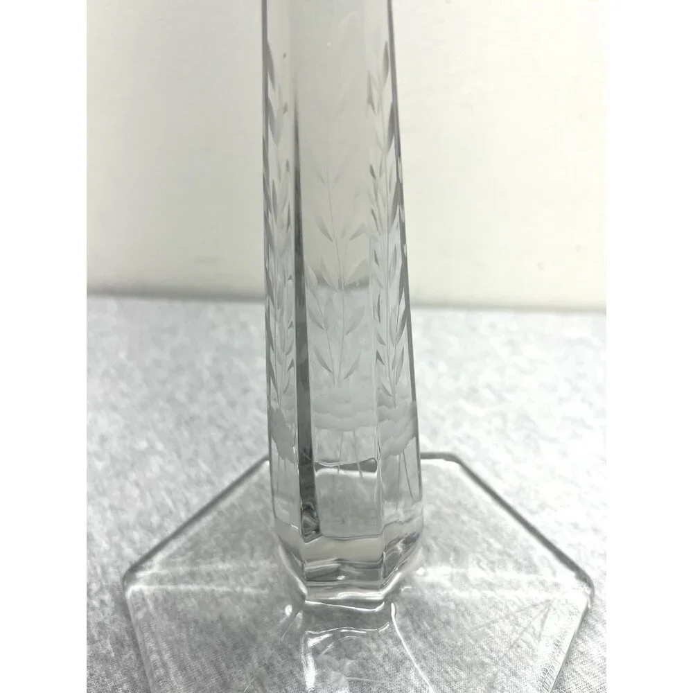 Vintage Clear Etched Glass Octagonal Base Candle Holders Set Of 2 Elegant Design